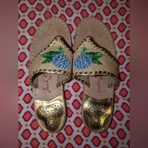 Jack Rogers Leather Hydrangea Floral Embroidered Thong Sandals Sz 5 M Flip Flop